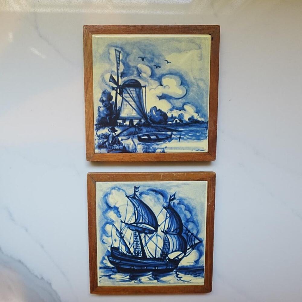 Vintage Pair Blue White Dutch Delft Tiles in Wood Frames